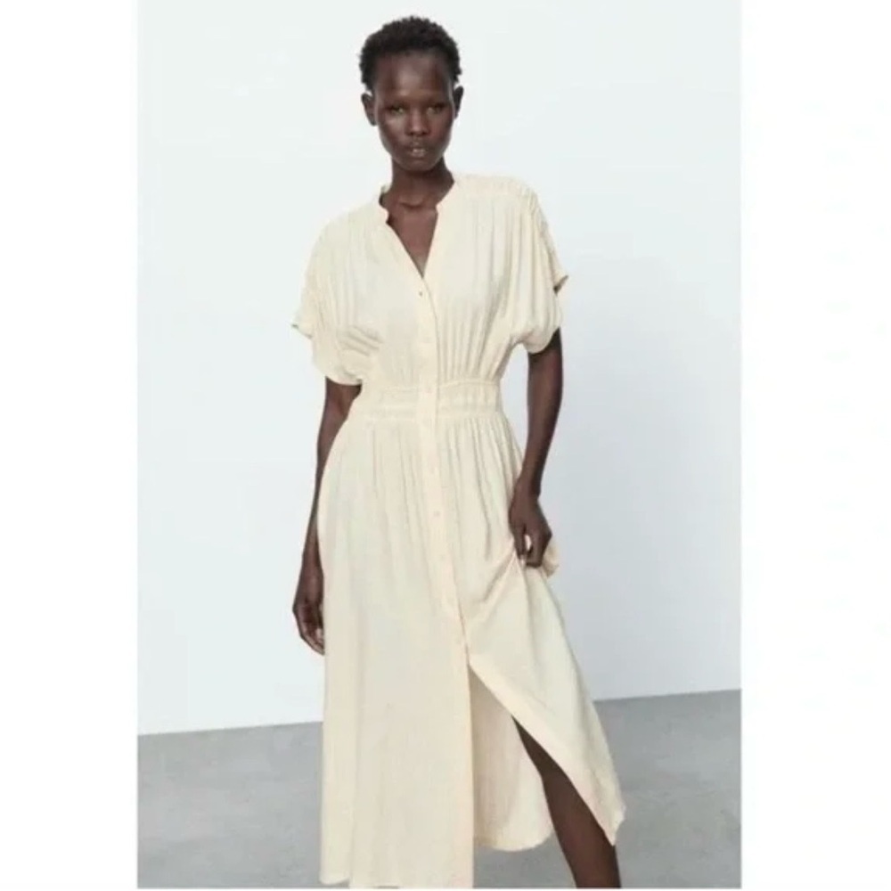 Zara Ecru Crinkle Midi Dress Button Front Gathered Waist Medium NWOT